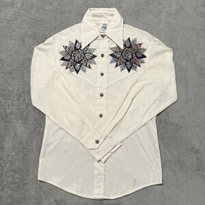 Kennington Shirt Womens S* Beige Patch Western Ranchwear Long Sleeve Button Up